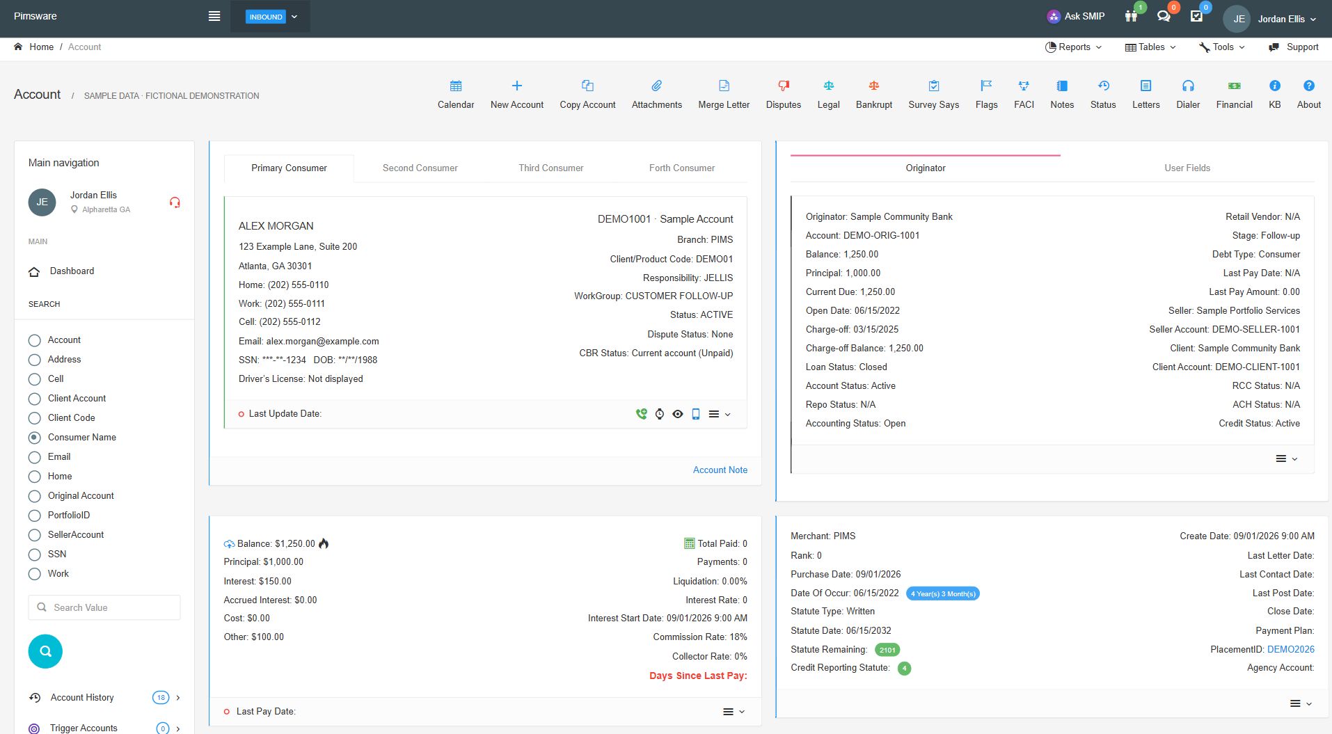 Debt Collection: Account workspace. Actual interface with fictional sample data.