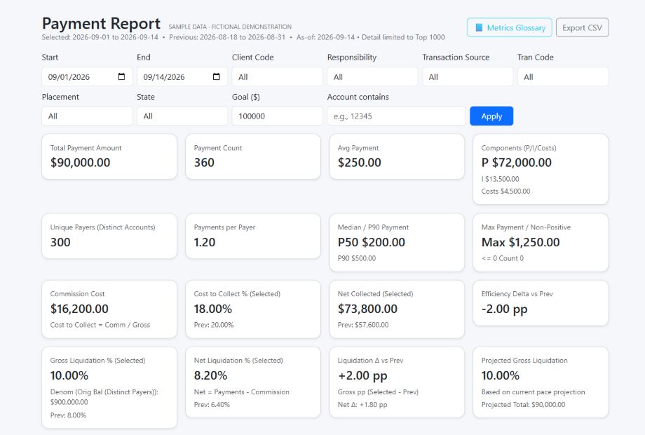 Debt Collection: Financial payment report. Actual interface with fictional sample data.