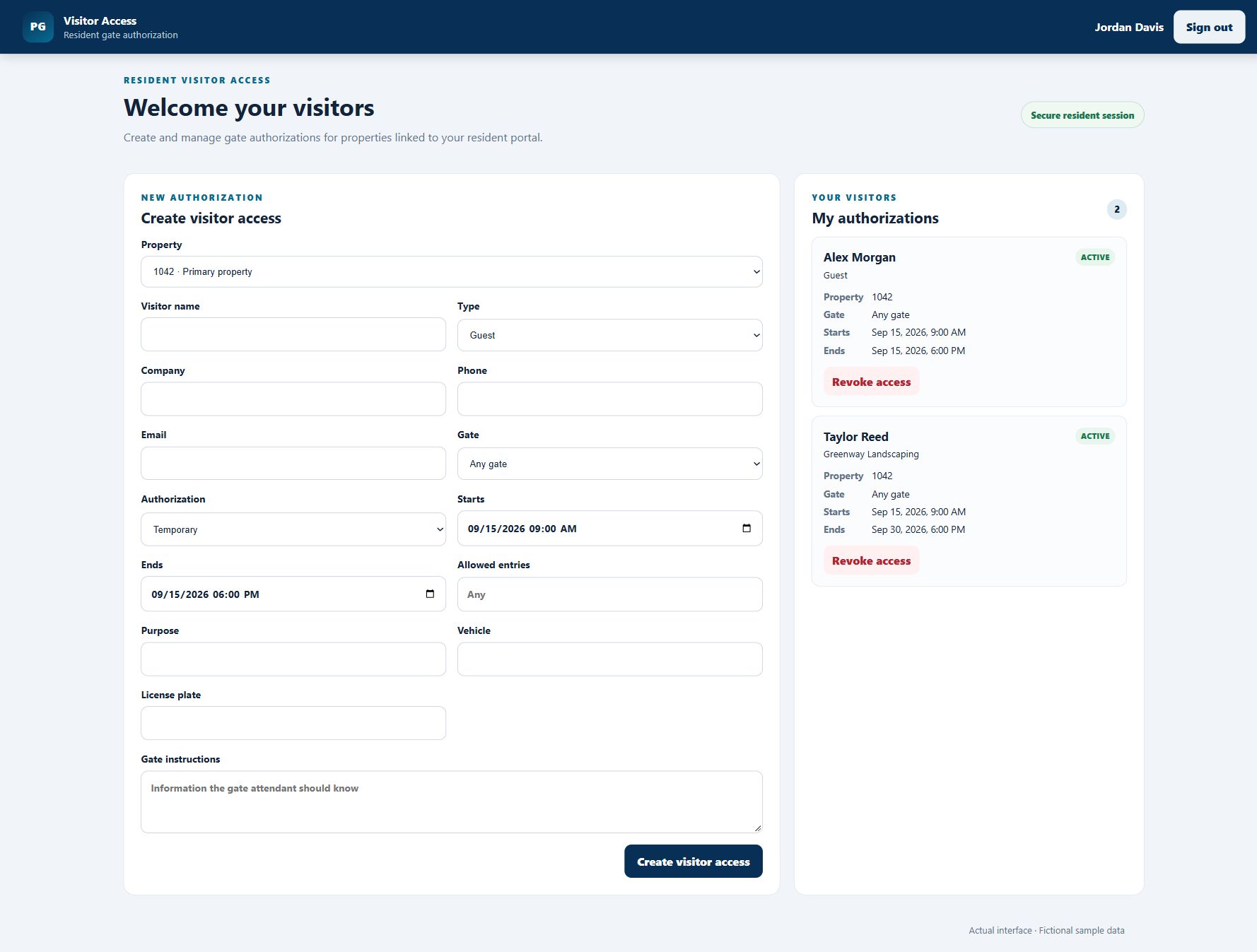 HOA Management: Resident gate access. Actual interface with fictional sample data.