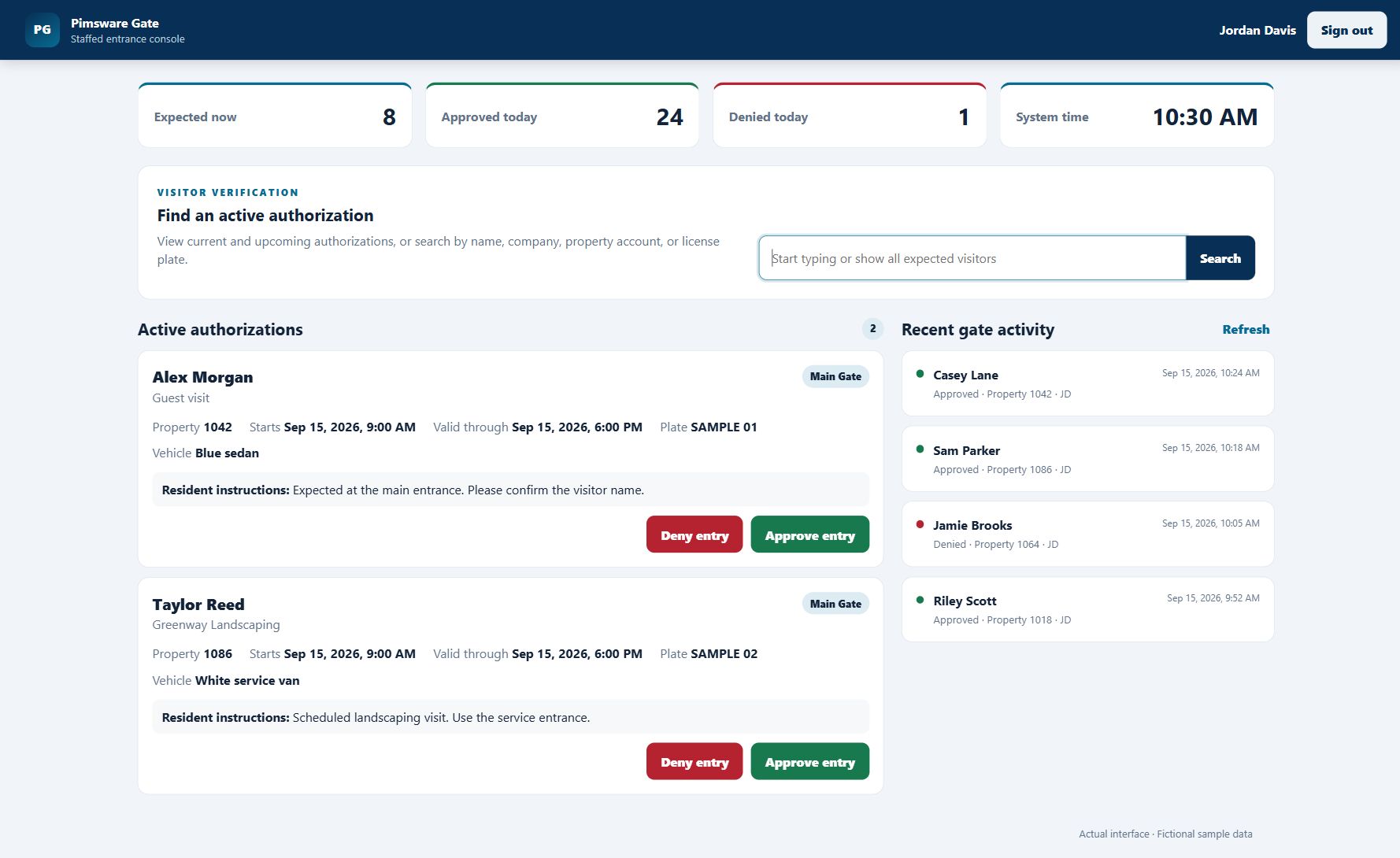 HOA Management: Gate staff workspace. Actual interface with fictional sample data.