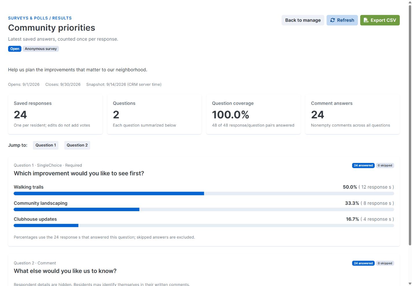 HOA Management: Community survey results. Actual interface with fictional sample data.