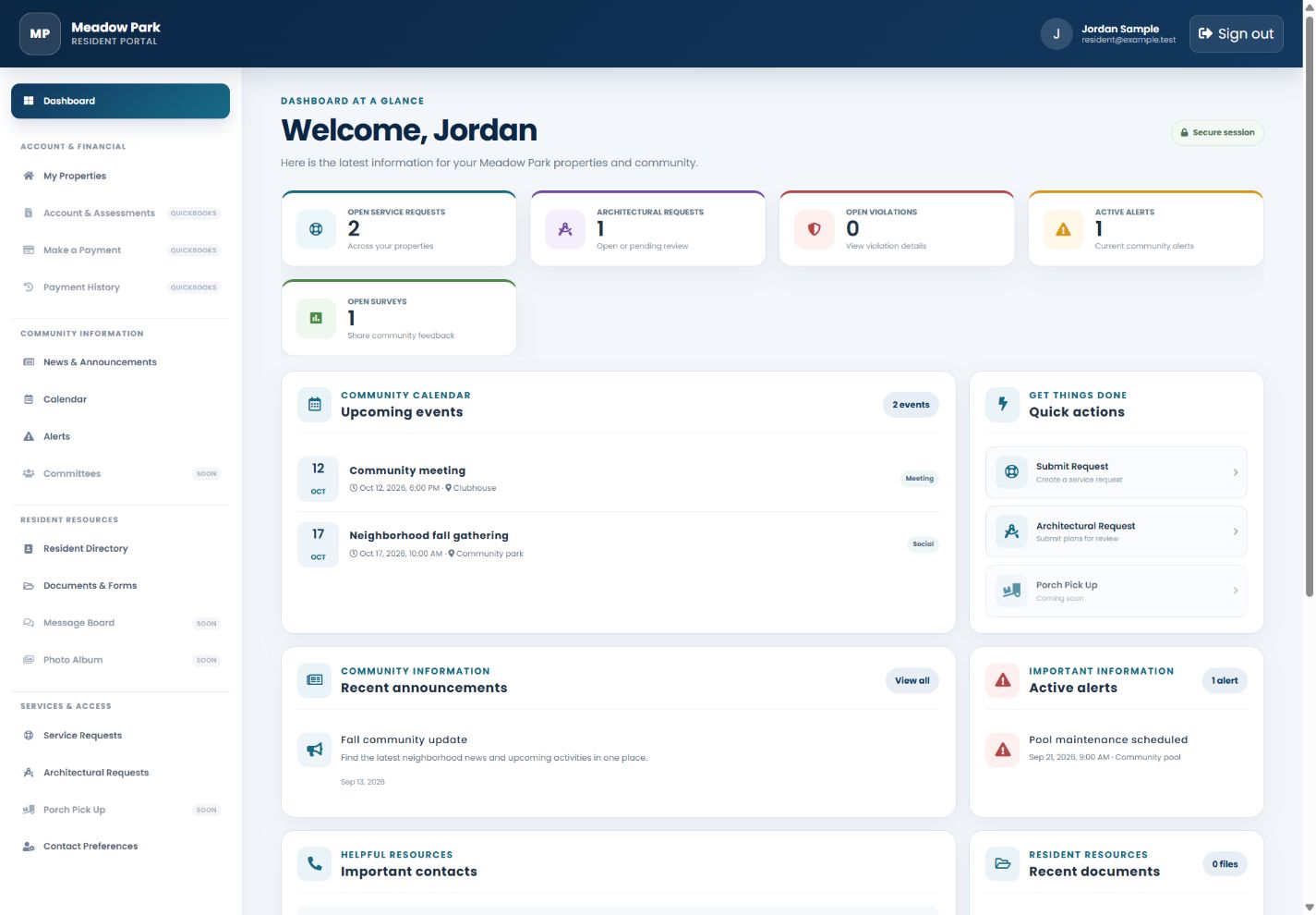 HOA Management: Resident portal. Actual interface with fictional sample data.